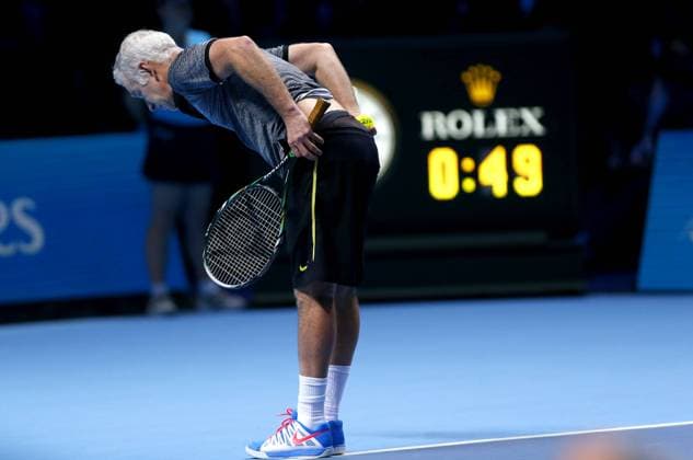 Mandatory Credit: Photo by Ella Ling Bpi Shutterstock (4244739av) John McEnroe pulls down his shorts at the exhibition at the ATP, Tennis Herren World Tour Finals, London, 2014 ATP Tennis World Tour 2014 ATP World Tour Finals Day Eight O2 Arena, Peninsula Square, London, United Kingdom - 16 Nov 2014 Editorial use only. No merchandising. ATP Tennis World Tour 2014 ATP World Tour Finals Day Eight O2 Arena, Peninsula Square, London, United Kingdom - 16 Nov 2014 Editorial use only. No merchandising.  Copyright: xEllaxLing Bpi Shutterstockx 4244739av