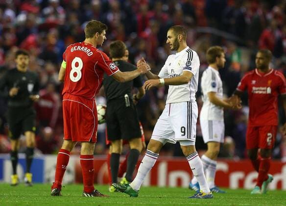 Mandatory Credit: Photo by Kieran Mcmanus BPI Shutterstock (4217557cj) Steven Gerrard of Liverpool shakes hands with Karim Benzema of Real Madrid at full time UEFA Champions League 2014 15 Group Stage Group B Liverpool v Real Madrid Anfield, Anfield Rd, Liverpool, United Kingdom - 22 Oct 2014 EDITORIAL USE ONLY UEFA Champions League 2014 15 Group Stage Group B Liverpool v Real Madrid Anfield, Anfield Rd, Liverpool, United Kingdom - 22 Oct 2014 EDITORIAL USE ONLY  Copyright: xKieranxMcmanus BPI Shutterstockx 4217557cj