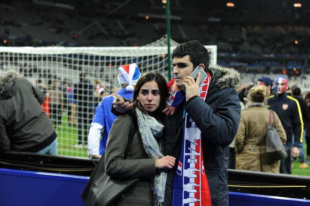 Mandatory Credit: Photo by BPI Shutterstock (5367730v) Fans look scared as they race back into the Stadium after hearing of bombings outside during the International Friendly, Länderspiel, Nationalmannschaft match between France and Germany, at the Stade de France, Paris on the 13th of November 2015. Football - International Friendlies 2015 France v Germany Stade de France, Saint-Denis, France - 13 Nov 2015 Editorial use only. No merchandising. For Football images FA and Premier League restrictions apply inc. no internet mobile usage without FAPL license - for details contact Football Dataco Football - International Friendlies 2015 France v Germany Stade de France, Saint-Denis, France - 13 Nov 2015 Editorial use only. No merchandising. For Football images FA and Premier League restrictions apply inc. no internet mobile usage without FAPL license - for details contact Football Dataco  Copyright: xBPI Shutterstockx 5367730v