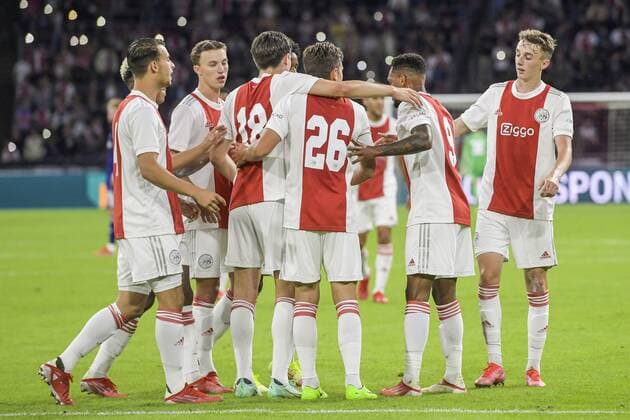 AMSTERDAM Ajax players celebrate Danilo s 4 0 during the Ajax Leeds United friendly match at the Johan Cruijff Arena in Amsterdam on August 4 ANP Pre Season Friendly 2021 2022 xVIxANPxSportx xxANPxIVx 435180677