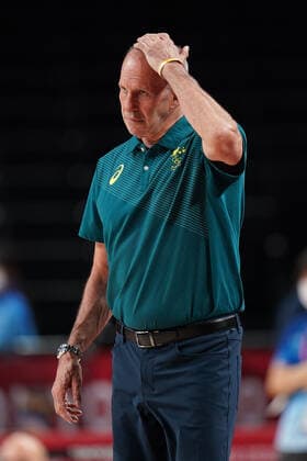 OLY21 MENS BASKETBALL AUST USA, Boomers coach Brian Goorjian reacts during the Men s Semifinal Basketball match between the USA and Australia at the Saitama Super Arena during the Tokyo Olympic Games, Olympische Spiele, Olympia, OS in Tokyo, Japan Thursday, August 5, 2021. ( NO ARCHIVING, EDITORIAL USE ONLY, NO USE IN BOOKS WITHOUT CONSENT TOKYO JAPAN  Copyright: xJOExGIDDENSx 20210805001564369443