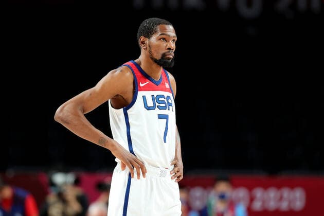 TOKYO, JAPAN - AUGUST 05: Kevin Durant of Team United States looks on during the Men s Basketball Semifinal match between USA and Australia on Day 13 of the Tokyo 2020 Olympic Games, Olympische Spiele, Olympia, OS at Saitama Super Arena on August 05, 2021 in Tokyo, Japan. (Photo by Pete Dovgan Speed Media Icon Sportswire) OLYMPICS: AUG 05 Olympics Tokyo 2020 Icon2108050033