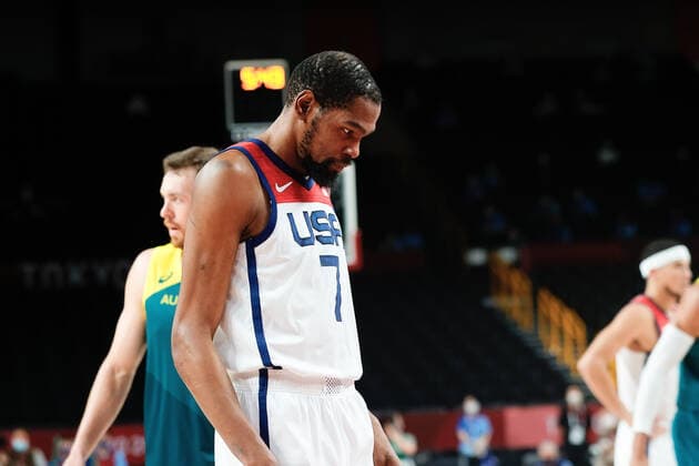 TOKYO, JAPAN - AUGUST 05: Kevin Durant of Team United States looks on during the Men s Basketball Semifinal match between USA and Australia on Day 13 of the Tokyo 2020 Olympic Games, Olympische Spiele, Olympia, OS at Saitama Super Arena on August 05, 2021 in Tokyo, Japan. (Photo by Pete Dovgan Speed Media Icon Sportswire) OLYMPICS: AUG 05 Olympics Tokyo 2020 Icon2108050058