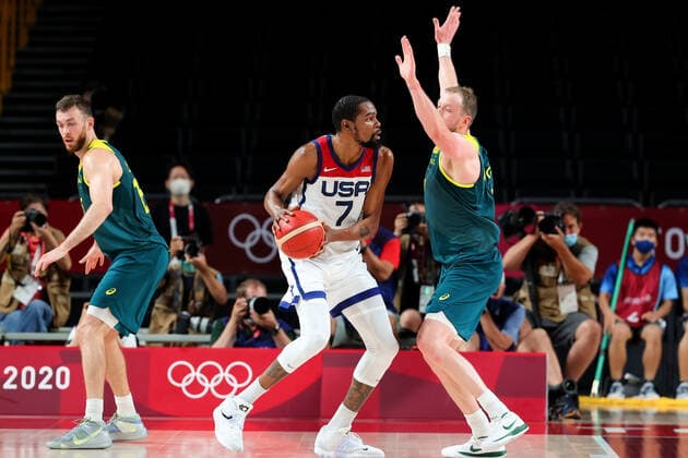 TOKYO, JAPAN - AUGUST 05: Kevin Durant of Team United States in action during the Men s Basketball Semifinal match between USA and Australia on Day 13 of the Tokyo 2020 Olympic Games, Olympische Spiele, Olympia, OS at Saitama Super Arena on August 05, 2021 in Tokyo, Japan. (Photo by Pete Dovgan Speed Media Icon Sportswire) OLYMPICS: AUG 05 Olympics Tokyo 2020 Icon2108050077