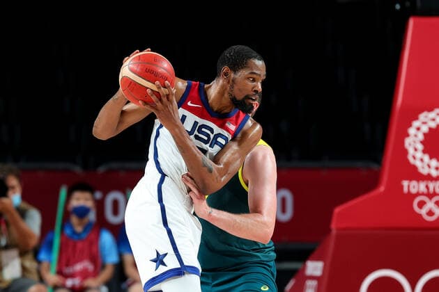 TOKYO, JAPAN - AUGUST 05: Kevin Durant of Team United States in action during the Men s Basketball Semifinal match between USA and Australia on Day 13 of the Tokyo 2020 Olympic Games, Olympische Spiele, Olympia, OS at Saitama Super Arena on August 05, 2021 in Tokyo, Japan. (Photo by Pete Dovgan Speed Media Icon Sportswire) OLYMPICS: AUG 05 Olympics Tokyo 2020 Icon2108050078