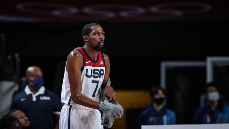 (210805) -- SAITAMA, Aug. 5, 2021 -- Kevin Durant of the United States is seen during the men s basketball semifinal between the United States and Australia at Tokyo 2020 Olympic Games, Olympische Spiele, Olympia, OS in Saitama, Japan, Aug. 5, 2021. ) (TOKYO2020)JAPAN-SAITAMA-OLY-BASKETBALL-MEN S SEMIFINAL-USA VS AUS PanxYulong 