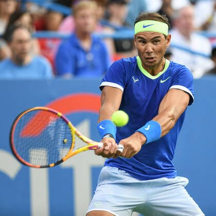 August 5, 2021, Washington, D.C, U.S: RAFAEL NADAL hits a backhand during his match against Lloyd Harris at the Rock Creek Tennis Center. Washington U.S. - ZUMAg196 20210805_zap_g196_028 Copyright: xKylexGustafsonx