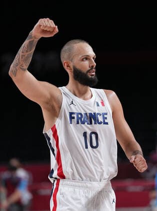(210805) -- SAITAMA, Aug. 5, 2021 -- Evan Fournier of France celebrates scoring during the men s basketball semifinal between France and Slovenia at Tokyo 2020 Olympic Games, Olympische Spiele, Olympia, OS in Saitama, Japan, Aug. 5, 2021. ) (TOKYO2020)JAPAN-SAITAMA-OLY-BASKETBALL-MEN S SEMIFINAL-FRA VS SLO MengxYongmin 