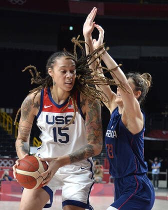 United States Brittney Griner (15) moves in to the lane, defended Serbia s Tina Krajisnik during the Women s Basketball semifinal at the Tokyo 2020 Olympics, Friday, August 6, 2021, in Tokyo, Japan. USA won, 70-59 to advance to the Gold Medal game.  OLY20210806803 MIKExTHEILER