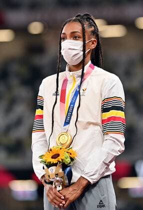 Olympic Champion Nafissatou Nafi Thiam pictured during the medal ceremony of the women s heptahlon event on day 15 of the Tokyo 2020 Olympic Games, Olympische Spiele, Olympia, OS in Tokyo, Japan on Friday 06 August 2021. The postponed 2020 Summer Olympics are taking place from 23 July to 8 August 2021. DIRKxWAEM  x3057361x