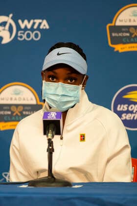 August 05, 2021: Sloane Stephens (USA) during her press conference, PK, Pressekonferenz after being defeated by Danielle Collins (USA) 36 64 63 in the second round of the Mubadala Silicon Valley Classic at San Jose State University in San Jose, California. TennisClix CSM San Jose USA - ZUMAc04_ 20210805_zaf_c04_484 Copyright: xMalxTaamx