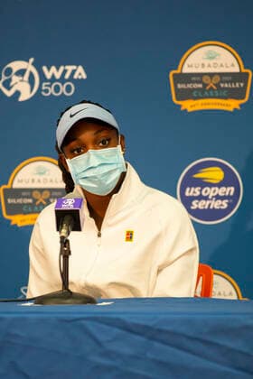 August 05, 2021: Sloane Stephens (USA) during her press conference, PK, Pressekonferenz after being defeated by Danielle Collins (USA) 36 64 63 in the second round of the Mubadala Silicon Valley Classic at San Jose State University in San Jose, California. TennisClix CSM San Jose USA - ZUMAc04_ 20210805_zaf_c04_489 Copyright: xMalxTaamx