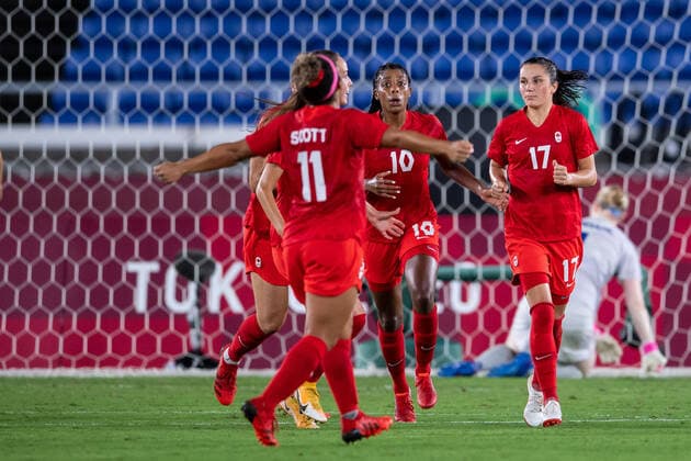 210806 Jessie Fleming of Canada celebrates 1 1 in the womens football final during day 14 of the Tokyo 2020 Olympic Games on August 6, 2021 in Tokyo Photo Carl Sandin PICTURE CODE CS DS0190 football football soccer football olympic games olympics os ol olympic games olympic toys tokyo2020 tokyo 2020 tokyo os tokyo ol bbeng sweden sweden canada canada final cheer,  Copyright: CARLxSANDIN BB210806CS049