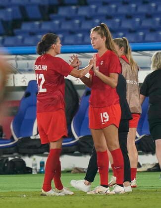 August 6, 2021, Yokohama, Japan: Canada s Christine Sinclair is substituted for Jordyn Huitema (right) during the women s soccer gold medal game against Sweden at the Tokyo Olympics in Yokohama, Japan on Friday, August 6, 2021. Canada News - August 6, 2021  - ZUMAc35_ 20210806_zaf_c35_067 Copyright: xAdrianxWyldx