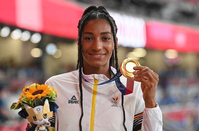 TOKYO, JAPAN - AUGUST 06 : Thiam Nafissatou (Bel) Athletics Heptathlon (Female) Gold Medal - Women s Heptathlon Podium ceremony during the Tokyo 2020 Summer Olympic Games, Olympische Spiele, Olympia, OS on August 6, 2021 in Tokyo, Japan, 06 08 2021 JO 2020 : Jeux Olympiques - JO2020 - Tokyo - 06 08 2021 PhotoNews Panoramic 