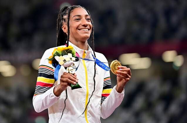TOKYO, JAPAN - AUGUST 06 : Thiam Nafissatou (Bel) Athletics Heptathlon (Female) Gold Medal - Women s Heptathlon Podium ceremony during the Tokyo 2020 Summer Olympic Games, Olympische Spiele, Olympia, OS on August 6, 2021 in Tokyo, Japan, 06 08 2021 JO 2020 : Jeux Olympiques - JO2020 - Tokyo - 06 08 2021 PhotoNews Panoramic 