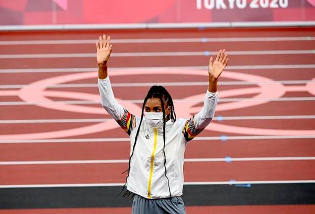 TOKYO, JAPAN - AUGUST 06 : Thiam Nafissatou (Bel) Athletics Heptathlon (Female) Gold Medal - Women s Heptathlon Podium ceremony during the Tokyo 2020 Summer Olympic Games, Olympische Spiele, Olympia, OS on August 6, 2021 in Tokyo, Japan, 06 08 2021 JO 2020 : Jeux Olympiques - JO2020 - Tokyo - 06 08 2021 PhotoNews Panoramic 