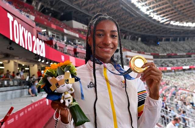 TOKYO, JAPAN - AUGUST 06 : Thiam Nafissatou (Bel) Athletics Heptathlon (Female) Gold Medal - Women s Heptathlon Podium ceremony during the Tokyo 2020 Summer Olympic Games, Olympische Spiele, Olympia, OS on August 6, 2021 in Tokyo, Japan, 06 08 2021 JO 2020 : Jeux Olympiques - JO2020 - Tokyo - 06 08 2021 PhotoNews Panoramic 