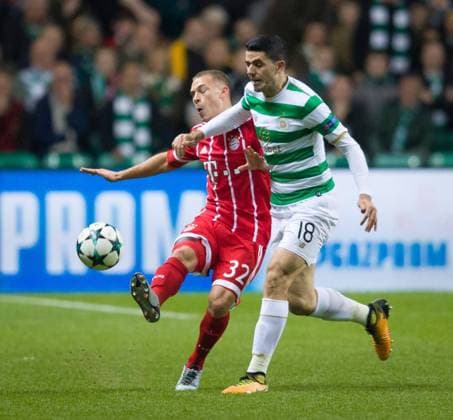 Mandatory Credit: Photo by Stuart Wallace Shutterstock (9184676bl) Joshua Kimmich of Bayern Munich challenged by Tom Rogic of Celtic Celtic v Bayern Munich, UEFA Champions League, Group B, Celtic Park, Glasgow, UK - 31 October 2017 Celtic v Bayern Munich, UEFA Champions League, Group B, Celtic Park, Glasgow, UK - 31 October 2017  Copyright: xStuartxWallace Shutterstockx 9184676bl