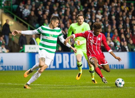 Mandatory Credit: Photo by Stuart Wallace Shutterstock (9184676w) Kingsley Coman of Bayern Munich shoots past Nir Bitton of Celtic and scores to give them a 0-1 lead after Celtic goalkeeper Craig Gordon misjudged the flight of the ball outside the 18 yeard box Celtic v Bayern Munich, UEFA Champions League, Group B, Celtic Park, Glasgow, UK - 31 October 2017 Celtic v Bayern Munich, UEFA Champions League, Group B, Celtic Park, Glasgow, UK - 31 October 2017  Copyright: xStuartxWallace Shutterstockx 9184676w