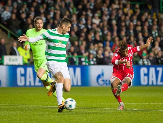 Mandatory Credit: Photo by Stuart Wallace Shutterstock (9184676x) Kingsley Coman of Bayern Munich shoots past Nir Bitton of Celtic and scores to give them a 0-1 lead after Celtic goalkeeper Craig Gordon misjudged the flight of the ball outside the 18 yeard box Celtic v Bayern Munich, UEFA Champions League, Group B, Celtic Park, Glasgow, UK - 31 October 2017 Celtic v Bayern Munich, UEFA Champions League, Group B, Celtic Park, Glasgow, UK - 31 October 2017  Copyright: xStuartxWallace Shutterstockx 9184676x