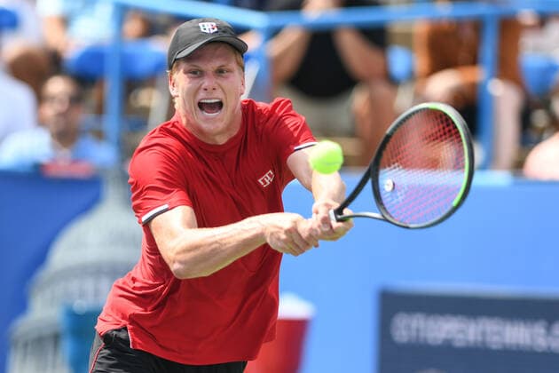 August 6, 2021, Washington, D.C, U.S: JENSON BROOKSBY hits a BACKHAND during his match against John Millman at the Rock Creek Tennis Center. Washington U.S. - ZUMAg196 20210806_zap_g196_001 Copyright: xKylexGustafsonx