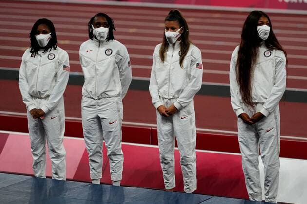 Mandatory Credit: Photo by Dave Shopland Shutterstock (12249251l) Gabby Thomas, Jenna Prandini, Teahna Daniels and Aleia Hobbs (USA) - Women s 4 x 100m Relay Final - Silver Athletics, Olympic Stadium, Tokyo Olympic Games, Olympische Spiele, Olympia, OS 2020, Japan - 07 Aug 2021 Athletics, Olympic Stadium, Tokyo Olympic Games 2020, Japan - 07 Aug 2021  Copyright: xDavexShopland Shutterstockx 12249251l