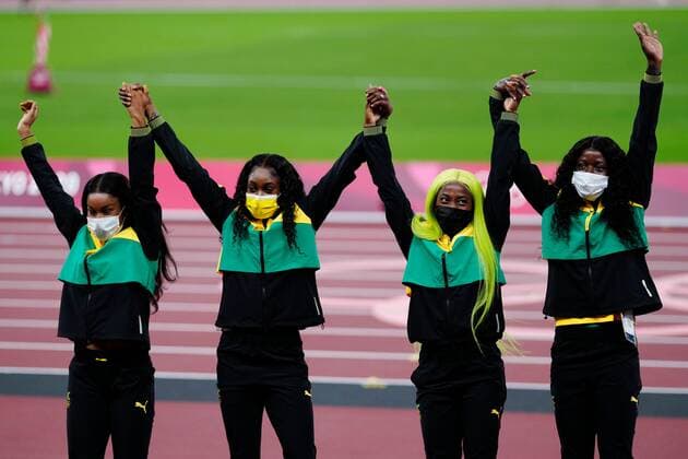 Mandatory Credit: Photo by Dave Shopland Shutterstock (12249251p) Shericka Jackson, Briana Williams, Shelly-Ann Fraser-Pryce and Elaine Thompson-Herah (JAM) - Women s 4 x 100m Relay Final - Gold Athletics, Olympic Stadium, Tokyo Olympic Games, Olympische Spiele, Olympia, OS 2020, Japan - 07 Aug 2021 Athletics, Olympic Stadium, Tokyo Olympic Games 2020, Japan - 07 Aug 2021  Copyright: xDavexShopland Shutterstockx 12249251p