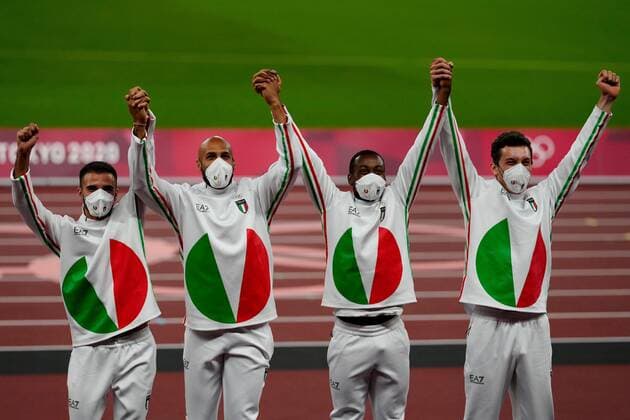 Mandatory Credit: Photo by Dave Shopland Shutterstock (12249251v) Lorenzo Patta, Lamont Marcell Jacobs, Eseosa Desalu and Filippo Tortu (ITA) - Men s 4 x 100m Relay Final Athletics, Olympic Stadium, Tokyo Olympic Games, Olympische Spiele, Olympia, OS 2020, Japan - 07 Aug 2021 Athletics, Olympic Stadium, Tokyo Olympic Games 2020, Japan - 07 Aug 2021  Copyright: xDavexShopland Shutterstockx 12249251v