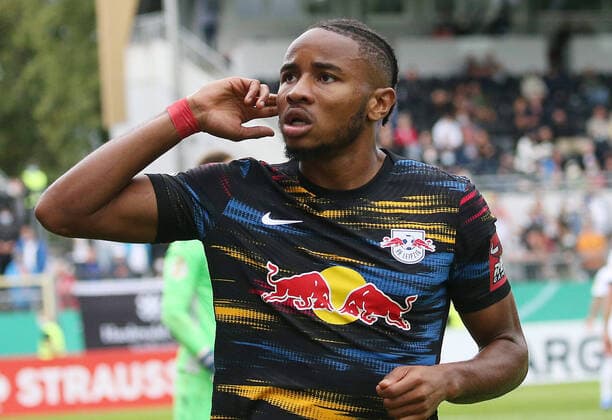 Christopher Nkunku 18, RB Leipzig scores 3 0 for RB Leipzig, Goal celebrations, Football, DFB Pokal, 1 main round, SV Sandhausen RB Leipzig, 07 08 2021, Stadion am Hardtwald, Sandhausen, Germany, zmdz, DFB DFL regulations prohibit any use of photographs as image sequences and or quasi video SV Sandhausen RB Leipzig