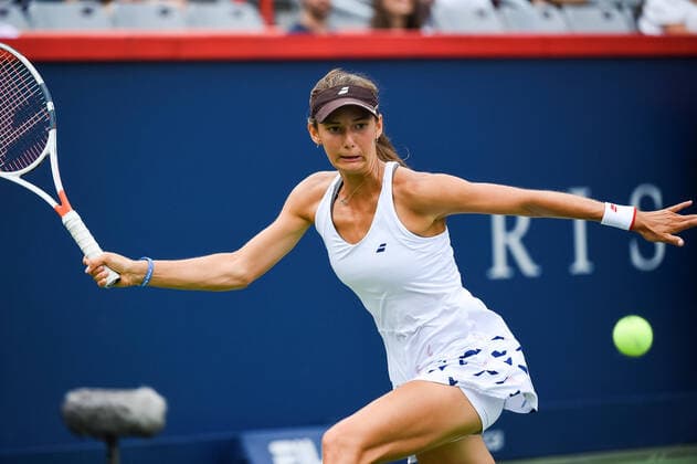 August 07, 2021: Melodie Collard (CAN) tracks the ball during the WTA, Tennis Damen National Bank Open qualifying round match at IGA Stadium in Montreal, Quebec. CSM Montreal Canada - ZUMAc04_ 20210807_zaf_c04_031 Copyright: xDavidxKirouacx