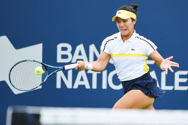 August 07, 2021: Kristie Ahn (USA) returns the ball during the WTA, Tennis Damen National Bank Open qualifying round match at IGA Stadium in Montreal, Quebec. CSM Montreal Canada - ZUMAc04_ 20210807_zaf_c04_043 Copyright: xDavidxKirouacx