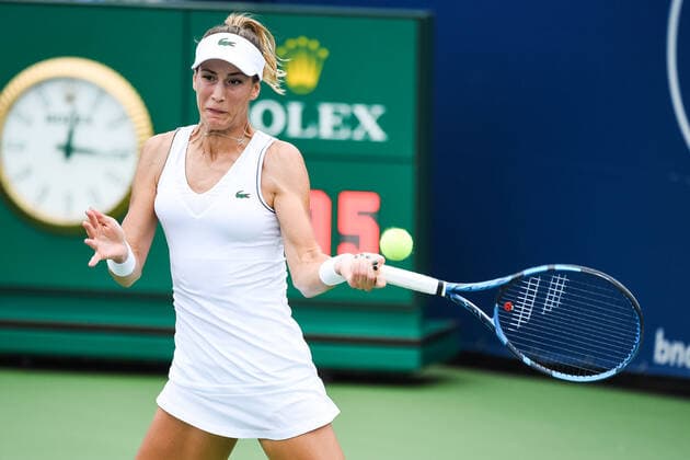 MONTREAL, QC - AUGUST 07: =BLU= returns the ball during the qualifying WTA, Tennis Damen National Bank Open match on August 7, 2021 at IGA Stadium in Montreal, QC (Photo by David Kirouac Icon Sportswire) TENNIS: AUG 07 National Bank Open Icon210807043
