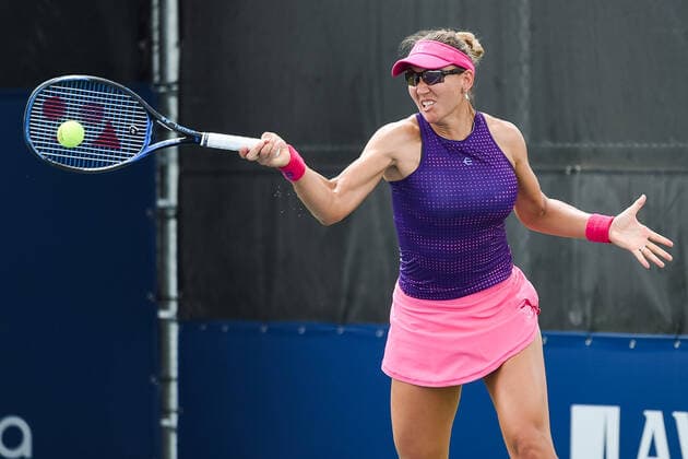 MONTREAL, QC - AUGUST 07: Nicole Melichar (USA) returns the ball during the qualifying WTA, Tennis Damen National Bank Open match on August 7, 2021 at IGA Stadium in Montreal, QC (Photo by David Kirouac Icon Sportswire) TENNIS: AUG 07 National Bank Open Icon210807078