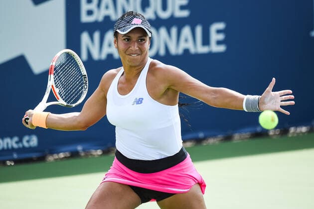 August 07, 2021: Heather Watson (GBR) gets ready to return the ball during the WTA, Tennis Damen National Bank Open qualifying round match at IGA Stadium in Montreal, Quebec. CSM Montreal Canada - ZUMAc04_ 20210807_zaf_c04_066 Copyright: xDavidxKirouacx