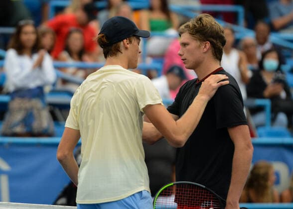 August 7, 2021, Washington, D.C, U.S: JANNIK SINNER of Italy and JENSEN BROOKSBY of the United States at the net after their semifinal match in the Citi Open tennis tournament in Washington D.C. Washington U.S. - ZUMAl132 20210807_zap_l132_009 Copyright: xChristopherxLevyx