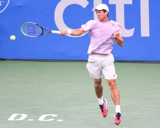 August 7, 2021, Washington, D.C, U.S: MACKENZIE MCDONALD hits a forehand during his match against Kei Nishikori at the Rock Creek Tennis Center. Washington U.S. - ZUMAg196 20210807_zap_g196_005 Copyright: xKylexGustafsonx