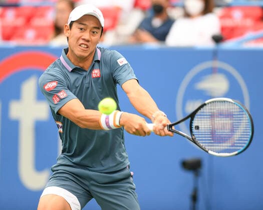 August 7, 2021, Washington, D.C, U.S: KEI NISHIKORI hits a backhand during his match against Mackenzie McDonald at the Rock Creek Tennis Center. Washington U.S. - ZUMAg196 20210807_zap_g196_030 Copyright: xKylexGustafsonx