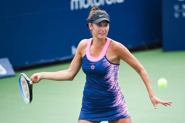 MONTREAL, QC - AUGUST 07: Oceane Dodin (FRA) gets ready to return the ball during the qualifying WTA, Tennis Damen National Bank Open match on August 7, 2021 at IGA Stadium in Montreal, QC (Photo by David Kirouac Icon Sportswire) TENNIS: AUG 07 National Bank Open Icon210807093