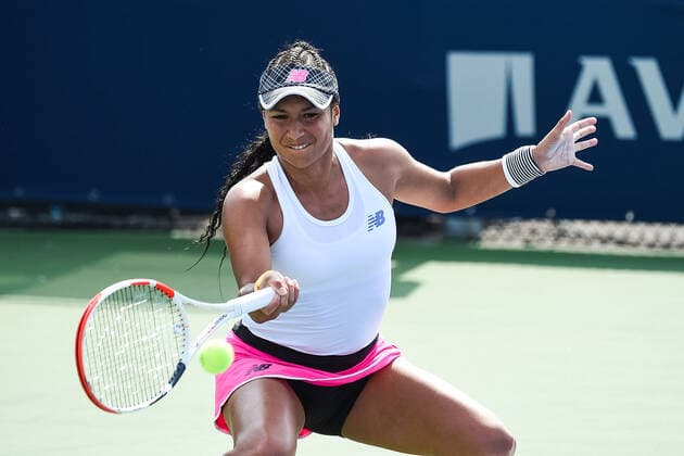 MONTREAL, QC - AUGUST 07: Heather Watson (GBR) returns the ball during the qualifying WTA, Tennis Damen National Bank Open match on August 7, 2021 at IGA Stadium in Montreal, QC (Photo by David Kirouac Icon Sportswire) TENNIS: AUG 07 National Bank Open Icon210807131
