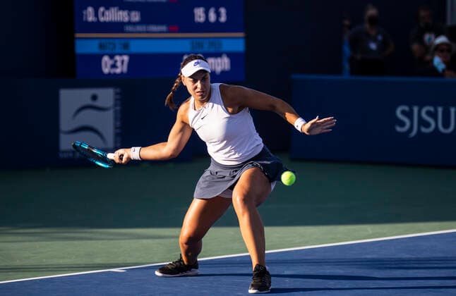 August 07, 2021 San Jose, CA USA Ana Konjuh of Croatia returns a shot during the Mubadala Silicon Valley Classic Semifinals Evening Match between Ana Konjuh( CRO) vs Danielle Collins ( USA ) at San Jose State University San Jose Calif. CSM San Jose USA - ZUMAc04_ 20210807_zaf_c04_169 Copyright: xThurmanxJamesx