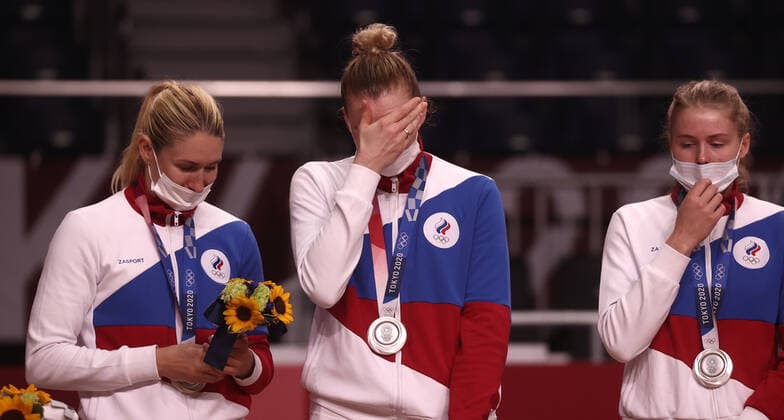 TOKYO, JAPAN - AUGUST 8, 2021: Team ROC players (silver) are seen during the victory ceremony for womenâ€™s handball at the Yoyogi National Gymnasium during the 2020 Summer Olympic Games, Olympische Spiele, Olympia, OS Valery Sharifulin TASS  TS10C038