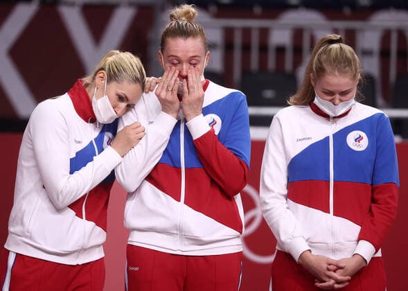TOKYO, JAPAN - AUGUST 8, 2021: Team ROC players (silver) are seen during the victory ceremony for womenâ€™s handball at the Yoyogi National Gymnasium during the 2020 Summer Olympic Games, Olympische Spiele, Olympia, OS Valery Sharifulin TASS  TS10C03B
