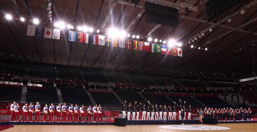 TOKYO, JAPAN - AUGUST 8, 2021: (L-R) Team ROC (silver), the French team (gold) and the Norwegian team (bronze) are seen during the victory ceremony for womenâ€™s handball at the Yoyogi National Gymnasium during the 2020 Summer Olympic Games, Olympische Spiele, Olympia, OS Valery Sharifulin TASS  TS10C047