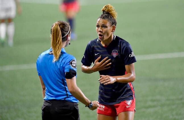 LEESBURG, VA - AUGUST 07: Washington Spirit forward Trinity Rodman (2) discusses a foul call with an official during the NWSL game between the Portland Thorns and Washington Spirit on August 7, 2021 at Segra Field in Leesburg, VA. (Photo by Randy Litzinger Icon Sportswire) SOCCER: AUG 07 NWSL - Portland Thorns FC at Washington Spirit Icon9662108070931