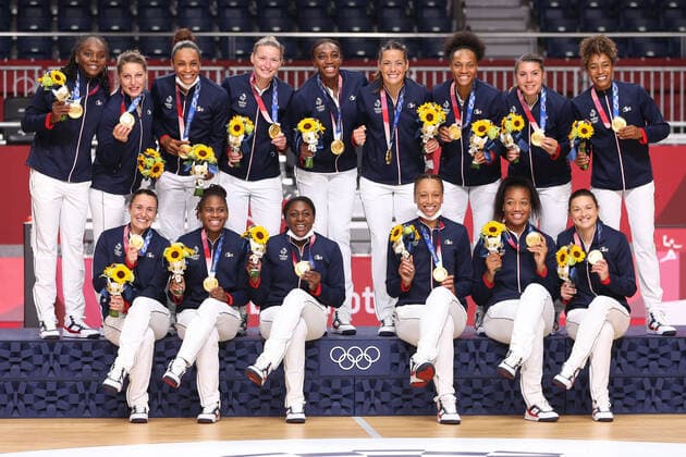 French team celebrating after the gold medal match between ROC RUS blue and France white at 2021 Olympic Games Tokyo2020 in Tokyo 08 08 2021