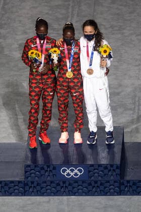OLYMPICS - Summer Olympic Games, Olympische Spiele, Olympia, OS 2020 TOKYO,JAPAN,08.AUG.21 - OLYMPICS - Summer Olympic Games 2020, closing ceremony. Image shows the podium of the womens marathon with Brigid Kosgei (KEN), Peres Jepchirchir (KEN) and Molly Seidel (USA).  GEPAxpictures xMichaelxMeindl