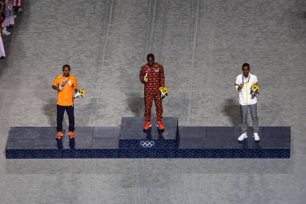 OLYMPICS - Summer Olympic Games, Olympische Spiele, Olympia, OS 2020 TOKYO,JAPAN,08.AUG.21 - OLYMPICS - Summer Olympic Games 2020, closing ceremony. Image shows the podium of the mans marathon with Nageeye Abdi (NED), Eliud Kipchoge (KEN) and Bashir Abdi (BEL).  GEPAxpictures xMichaelxMeindl