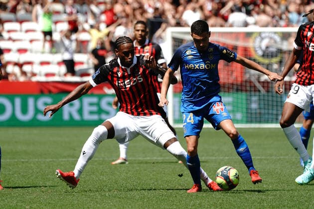 Pablo Rosario (OGC Nice) - Mathieu Cafaro (Stade de Reims) FOOTBALL : OGC Nice vs Reims - Ligue 1 Uber Eats - Nice - 08 08 2021 NorbertScanella PanoramiC 
