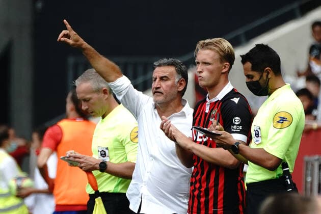 Christophe Galtier (entraineur de l OGC Nice) - Kasper Dolberg (OGC Nice) FOOTBALL : OGC Nice vs Reims - Ligue 1 Uber Eats - Nice - 08 08 2021 NorbertScanella PanoramiC 
